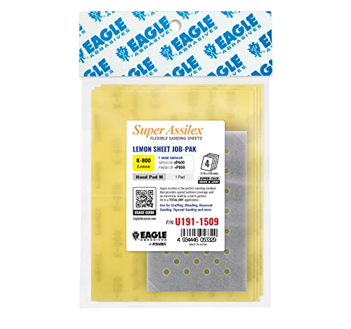 Super Assilex Flexible Sanding Sheets Job-PAK, Lemon K-800, U191-1509, 4 Sheets + 1 M Hand Pad for Half Sheets - color: K-800 Lemon, size: w/ Half-sheet M Pad