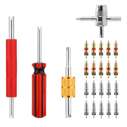 Tire Valve Repair Tool Set, 4pcs Valve Stem Core Wrench Removal Tools & 10pcs Copper Valve Cores & 10pcs Copper Nickel Plated Valve Cores Remover Accessories Kit for All Standard Valves Cars Trucks
