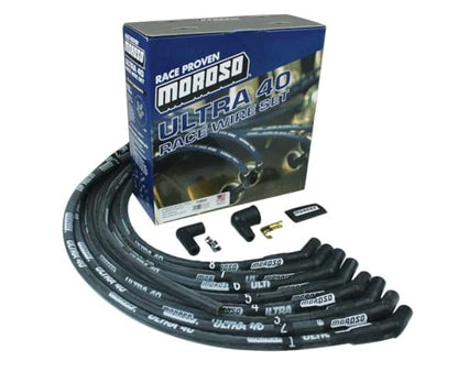 Moroso 73833 Black Sleeved Ultra 40 Spark Plug Wire Set, Fits Small Block Ford 289/302 w/ 135 Degree Plug Ends, HEI Distributor