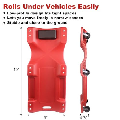 Mechanic Creeper 40 Inch - Heavy Duty 500 lbs Low Profile - Rolling Car Creeper with Padded Headrest, Dual Tool Trays, 6 Swivel Casters - Under Car Automotive Garage Creeper for Auto Repair, Red