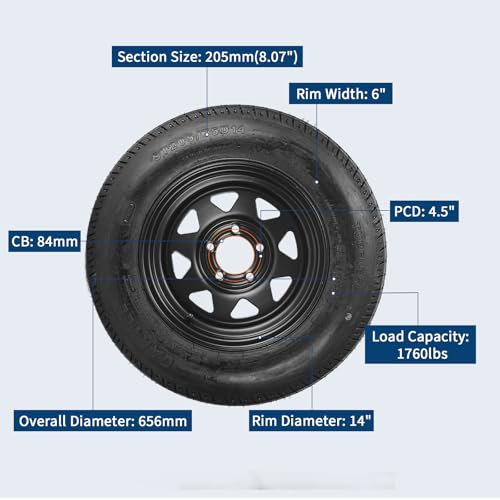 GarveeTech 2-Pack Trailer Tire On Rim ST205/75D14 Trailer Tires and Wheels 5 Lug on 4.5 in PCD Trailer Tires with 14 in Rims Load Range C 6PR Black - size: ST205/75D14