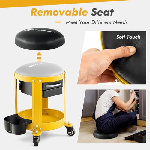 Goplus Rolling Mechanic Stool, Shop Stool Creeper Seat with Removable Padded Seat, 2 Drawers, Tool Tray, Twin Can Holder, Universal Wheels, Round Garage Workshop Chair, 330 Lbs Max Capacity (Yellow) - color: Yellow