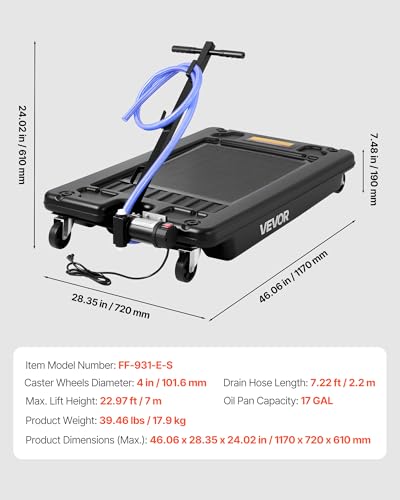 VEVOR Low Profile Oil Drain Pan, 17 Gal Capacity, Rolling Oil Drain Pan with 110V High-Flow Electric Pump, 7.2 ft Hose & T Folding Handle, Leak-proof & Corrosion-resistant, Fit for Trucks, ATVs, Black