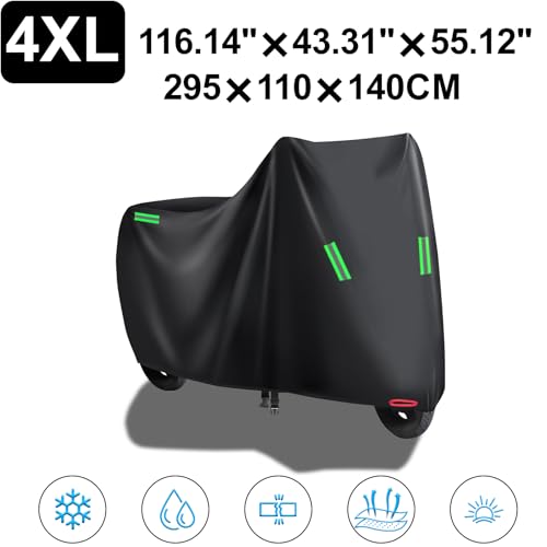 Motorcycle Cover All Season Universal Weather Quality Waterproof Sun Outdoor Protection Night Reflective with Lock-Holes Fits up to 116.1" for Most ADV Touring Cruiser Standard Chopper Motorcycle - size: 4XL size: 116.1"