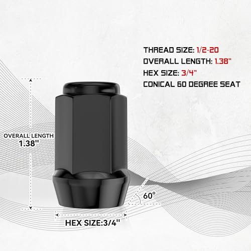 20PCS 1/2-20 1.38 inch Closed End Bulge Acorn Black Lug Nuts - Cone Seat - 19mm Hex Compatible with Bronco Mustang Cherokee Ranger Explorer Liberty YJ TJ KJ KK ZJ WJ WK XK MJ XJ - color: Black, size: 1.38 inch