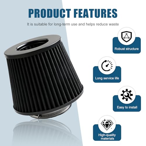 Universal Clamp-On Air Intake Filter, High Flow Closed-Top Cool Air Filter Cleaner, Tapered Cone Design, Washable & Reusable with 76 89 102 mm (3", 3.5", 4") Adapter Rings for Most Vehicles