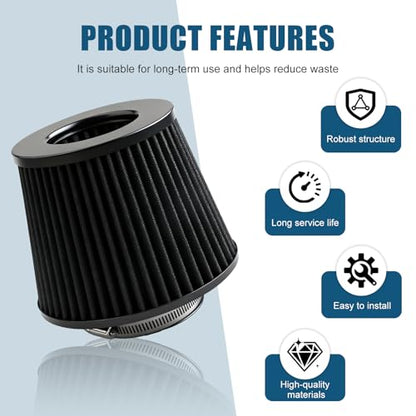 Universal Clamp-On Air Intake Filter, High Flow Closed-Top Cool Air Filter Cleaner, Tapered Cone Design, Washable & Reusable with 76 89 102 mm (3", 3.5", 4") Adapter Rings for Most Vehicles