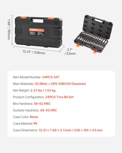 VEVOR Torx Bit Socket Set, 34-Piece Solid Star and Tamper Proof T6-T70, S2 Alloy Steel and Cr-V Steel, 1/4 in, 3/8 in, and 1/2 in Drives, with Enhanced Storage Case, Torx Sockets for Hand Use - size: 33 PCS
