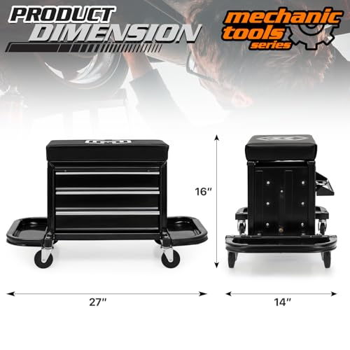 M-AUTO Rolling Mechanic Stool Garage Toolbox Stool Tool Chest Seat w/Wheels, 350LBS Capacity Padded Mechanic Stool Creeper Seat w/Drawers & Side Tool Trays for Home Garage and Workshop, Black