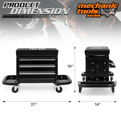 M-AUTO Rolling Mechanic Stool Garage Toolbox Stool Tool Chest Seat w/Wheels, 350LBS Capacity Padded Mechanic Stool Creeper Seat w/Drawers & Side Tool Trays for Home Garage and Workshop, Black