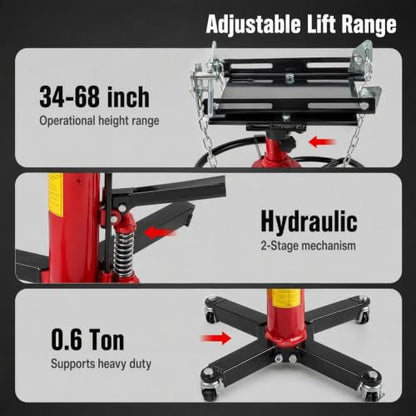 1322LBS Transmission Jack Capacity 2-Stage Hydraulic Telescopic Jack with 360° Swivel Wheel Red