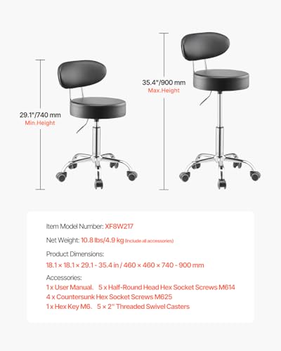 VEVOR Shop Stool with Backrest, Pneumatic Height Adjustable Garage Seat, 300 lbs Load, Roller Creeper Seat, 360 Swivel Padded Workshop Stool, Black - style: with Backrest and Casters