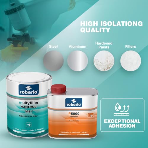 Roberlo Multyfiller Express ME1 Primer Filler 1L + P5000 Hardener 500ml – 2K Acrylic High Build Primer for Steel & Aluminum – Fast-Drying, Easy Sanding Car Repair Kit - size: 1L Primer + 500ml Hardener