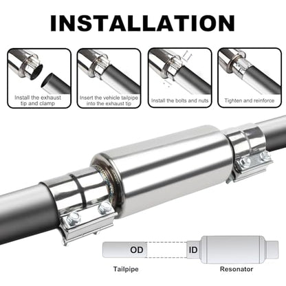 2.5" Inlet & Outlet Universal Muffler with Clamp, 12" Overall Length Stainless Steel Resonator - size: 2.5 inch