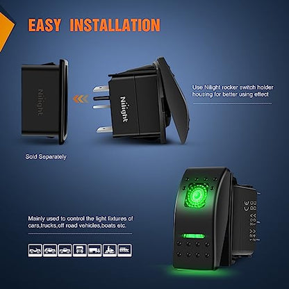 Nilight 3 Pack Rocker Switches 5 PIN with Night Glow DIY Stickers - color: Green 3 PCS