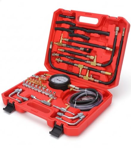 Fuel Injection Pressure Tester Kit 0-140 PSI, Universal Fuel Pump Pressure Gauge Set with Quick Release Valve, Reinforced Hoses & Multi-Size Adapters for Gasoline Engine Diagnostic (((TU-443Red)))