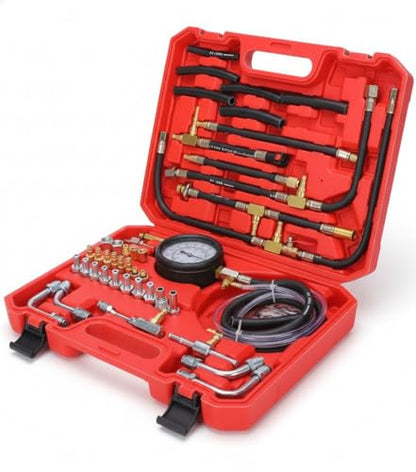 Fuel Injection Pressure Tester Kit 0-140 PSI, Universal Fuel Pump Pressure Gauge Set with Quick Release Valve, Reinforced Hoses & Multi-Size Adapters for Gasoline Engine Diagnostic (((TU-443Red)))