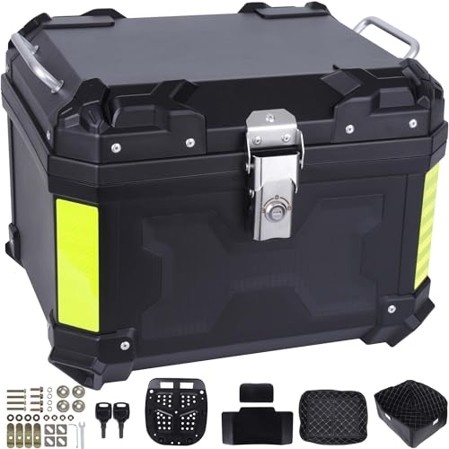 Motorcycle Top Case 45L Trunk Tail Box Bag Aluminum alloy handle with Leather Lining Anti-Theft with Lock & Back Cushion Waterproof Dustproof Easy Installation with Universal Bracket Black - color: Black（45L-Single Lock）