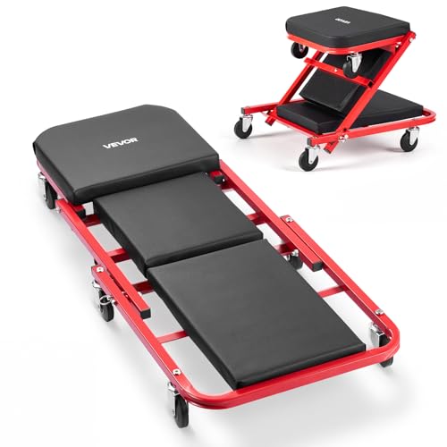 VEVOR 40 in 2-in-1 Folding Mechanic Creeper, Z Creeper Seat & Under Car Garage Roller, 450 lbs Rolling Creeper Stool with 6 Swivel Casters, Padded Headrest for Auto Repair - color: Red+Black, size: 40 inch-2 in 1