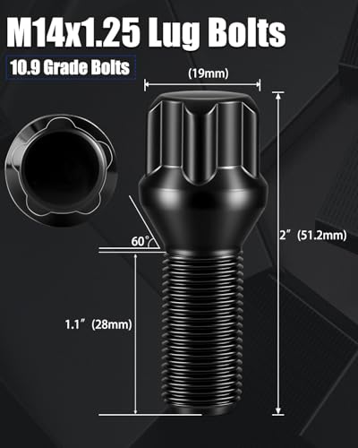 GAsupply 14x1.25 Lug Bolts 4 Locks +1 Key, 28mm Shank Length, Conical Seat - color: Black, size: 14x1.25-Cone Seat