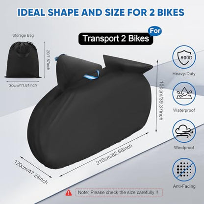 Bike Cover for 2 Bikes - 900D Heavy Duty Bicycle Cover Waterproof Outdoor Bike Rain Cover for Transport on Rack Wind Proof Bicycle Rack Covers with 6M Elastic Cord