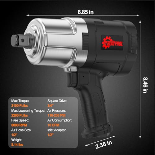 Trivd Frol Air Impact Wrench - 3/4 Inch Air Impact Gun, Up to 2100 Ft.lbs, 6000RPM High Torque Impact Driver, Twin Hammer Pneumatic Impact Wrench for Auto Repair, Tire Shop