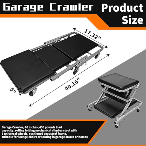 40" Heavy Duty Folding Mechanics Z Creeper & Rolling Seat, 450 lbs Capacity, 2-in-1 Z-Creeper with 6 Universal Swivel Wheels, Padded Support, Foldable Garage Stool for Auto Repair, Truck, SUV (Black) - size: 40 inch