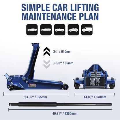 Floor Jack 3 Ton Extra Long Reach Hydraulic Low Profile Floor Jack with Dual Piston Quick Lift Pump, Home and Workshop Car Maintenance for Various Vehicles, 3 Ton (6,600 lbs) Capacity, Blue