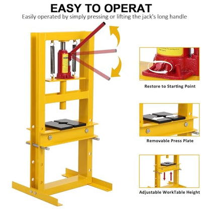 12Ton/26000LBS Hydraulic Press Machine,h Frame Portable Hydraulic Shop Press,Heavy Duty Bearing Presses with Movable Plate for Garage and Workshop,4 Adjustable Height