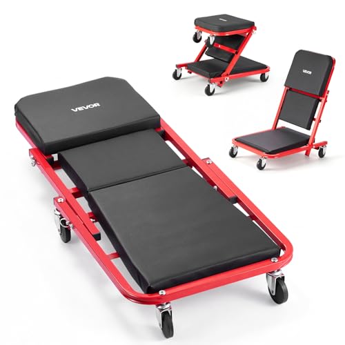VEVOR 36 in 3-in-1 Folding Mechanic Creeper, Z-Creeper Garage Roller, 340 lbs Under Car Rolling Creeper with 6 Swivel Casters, Padded Headrest, Lay Down or Sit for Auto Repair - color: Red+Black, size: 36 inch-3 in 1