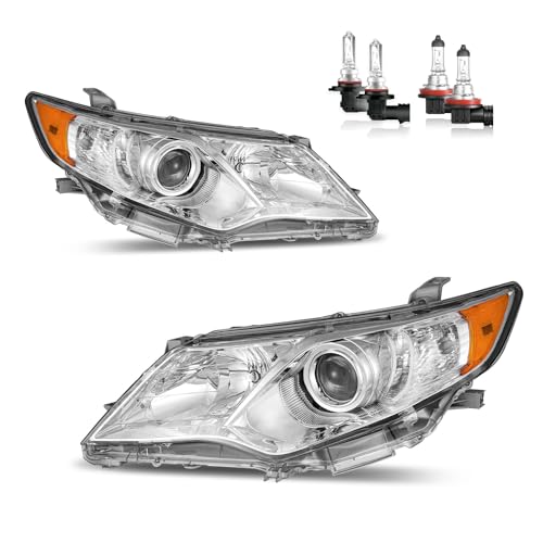 Headlights for 2012 2013 2014 Toyota Camry L/Se/Le/Xle/Hybrid - color: Clear Lens I Chrome Housing I Amber Reflector