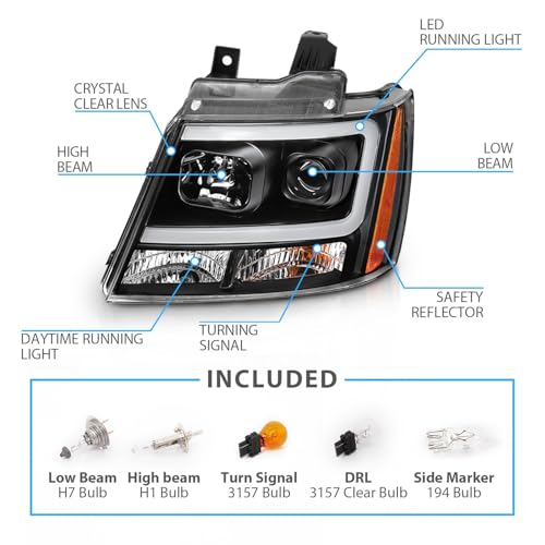 AmeriLite for 2007-2013 Chevy Avalanche Suburban Tahoe Super Bright LED Bar Projector Halogen Black Headlights Pair - Passenger and Driver Side - color: Black LED Bar