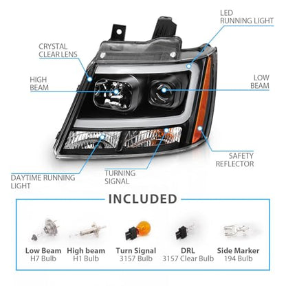 AmeriLite for 2007-2013 Chevy Avalanche Suburban Tahoe Super Bright LED Bar Projector Halogen Black Headlights Pair - Passenger and Driver Side - color: Black LED Bar