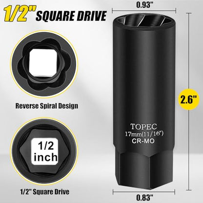 Topec 17MM Deep Lug Nut Extractor Socket - 1/2" Drive Stripped Bolt Nut Remover - size: 17mm