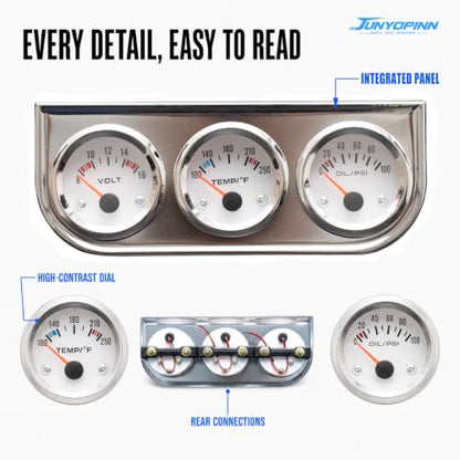 52mm Triple Gauge Set （Oil Pressure+Water Temp+Voltmeter） 3 in 1 Gauge Kit