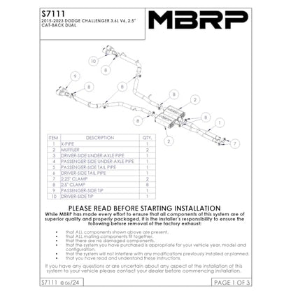MBRP 15-21 Dodge Challenger 3.6L Aluminized Catback Exhaust