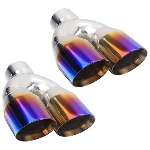 LCGP Dual Exhaust Tip 2.5 inch Inlet 3.5 inch Outlet Universal Car Stainless Steel Angle Cut 2-Packs PVD Blue Tailpipe(left and right) - size: 2.5x3.5x9.25 inch, style: Blue Burnt