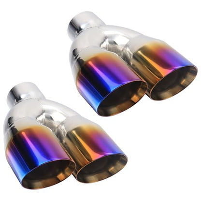 LCGP Dual Exhaust Tip 2.5 inch Inlet 3.5 inch Outlet Universal Car Stainless Steel Angle Cut 2-Packs PVD Blue Tailpipe(left and right) - size: 2.5x3.5x9.25 inch, style: Blue Burnt