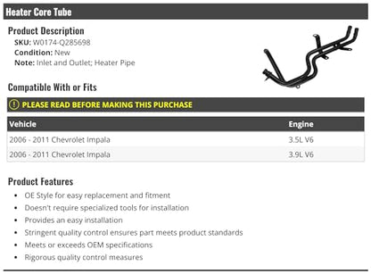 Marketplace Auto Parts Heater Core Tube Line - Inlet and Outlet - Compatible with 2006-2011 Chevy Impala 3.5L 3.9L V6