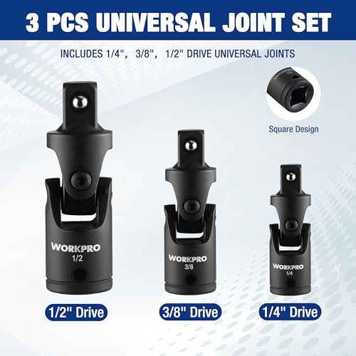 WORKPRO Universal Joint Socket Adapter Set, 3-Piece, 1/4", 3/8", 1/2" Drive