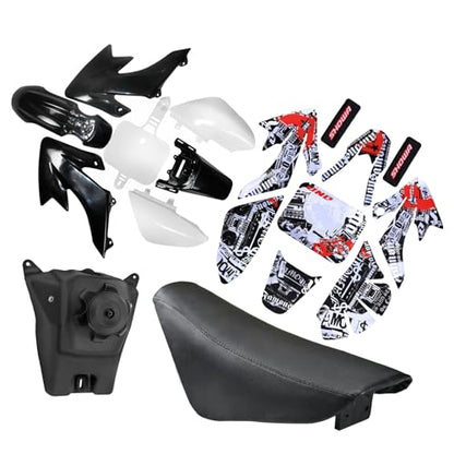 ABS Plastics Fender Fairing Body Work Kit with Graphics Decals & Seat and Gas Fuel Tank for CRF50F XR50R CRF XR 50 SSR Chinese SSR 110cc 125cc Dirt Pit Bike (Black+White) - color: Black+White