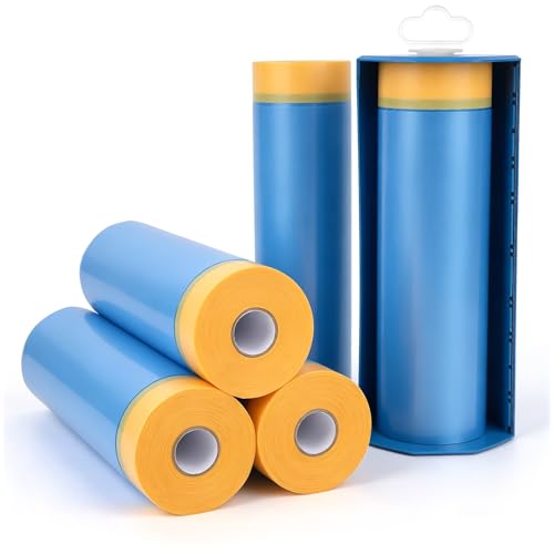 Pre-Taped Masking Film Film and Masking Tape in one Plastic Tape and Drape Roll Painters Plastic 55" x82feet (5 Pack)