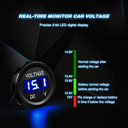 Nilight LED Digital Display Voltmeter Panel DC12V Waterproof Digital Round Panel VoltVolt Tester Gauge for Boat Marine Vehicle Motorcycle Truck ATV UTV, 2 Years Warranty - color: Blue