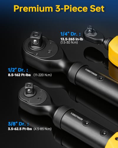 1/2", 3/8" &1/4" Digital Torque Wrench Set, 162Ft-lb, 62.5Ft-lb & 22.1Ft-lb - size: 1/2" & 3/8" & 1/4" 8 PC