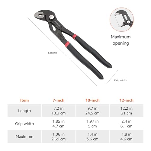 Amazon Basics 3-Piece Quick Release Groove Joint Pliers Set, Drop Forged Chrome Vanadium Steel with Comfortable Rubber Grip, Adjustable, 7-inch, 10-inch, and 12-inch, Black - size: 3-Piece, style: Groove Joint
