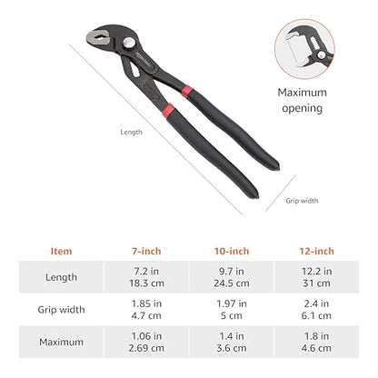Amazon Basics 3-Piece Quick Release Groove Joint Pliers Set, Drop Forged Chrome Vanadium Steel with Comfortable Rubber Grip, Adjustable, 7-inch, 10-inch, and 12-inch, Black - size: 3-Piece, style: Groove Joint