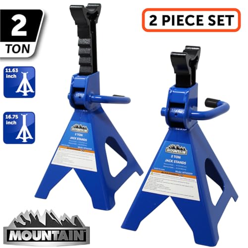 Mountain 52009 2 Ton Automotive Jack Stands for Garages, Repair Shops, and DIY, 4,000 lbs. Capacity, Lightweight, Heavy Duty Steel Frame, Adjustable Height 10.3"- 16.2", Wide Base, Black/Blue, Pair
