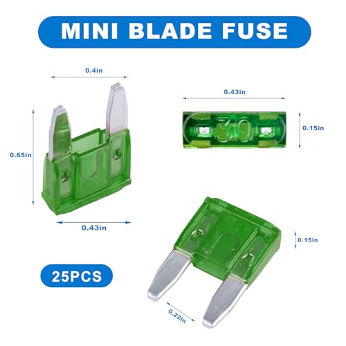 25 PCS 30 Amp Mini Car Fuses, 30A Automotive Blade Fuse Kit for Short Circuit Protection, Blade Style Fuses Replacement for Car RV Truck SUV Motorcycle, Car Accessories - color: 30A