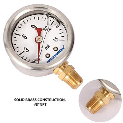 MEASUREMAN 1-1/2" Dial Size, Glycerin Filled Fuel Pressure Gauge, 304 Stainless Steel case, 0-15Psi, +/-3-2-3%, 1/8" NPT Lower Mount - size: 0-15 psi, style: Lower Mount