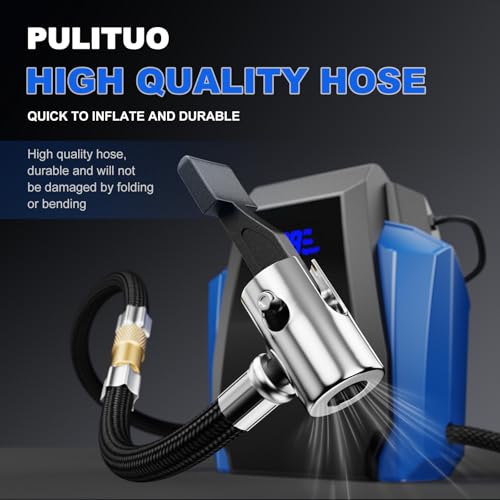 PULITUO 12V DC Tire Inflator - Portable Air Compressor 35L/min, 150 PSI Car Tire Pump with Auto Shut Off, Digital Pressure Gauge and LED Light, Blue